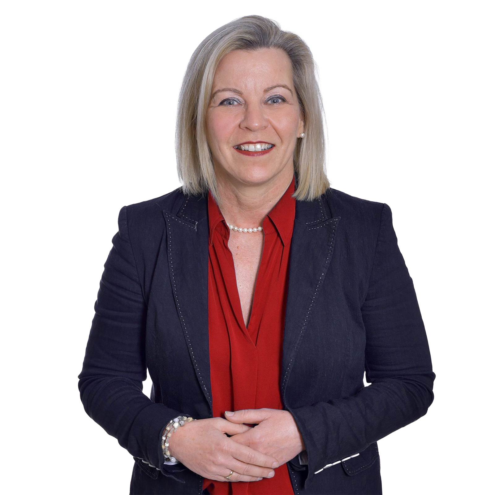 blonde Frau mit roter Bluse